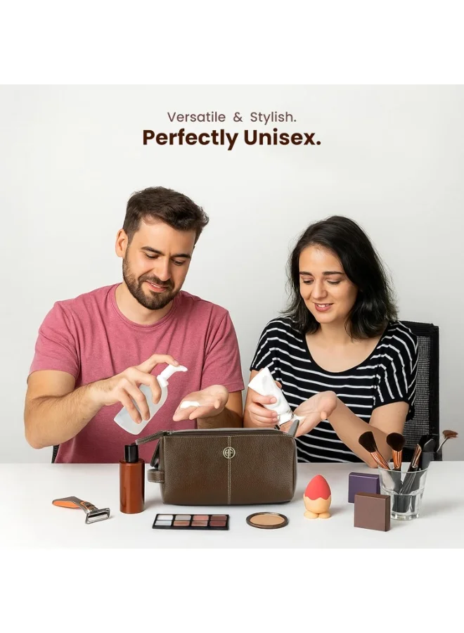 HAMMONDS FLYCATCHER  Genuine Leather Toiletry Bag for Men and Women - Travel Organizer Pouch, Shaving Kit Bag for Men, Cosmetic Organizer Bag, Toiletry Pouch for Men with Multiple Pockets - TC4005 Brushwood  | Best Price UAE